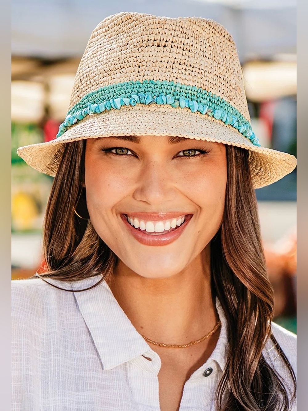 Wallaroo Tahiti Cowboy Straw Fedora Turquoise Trim Band Summer Sun Travel Beach